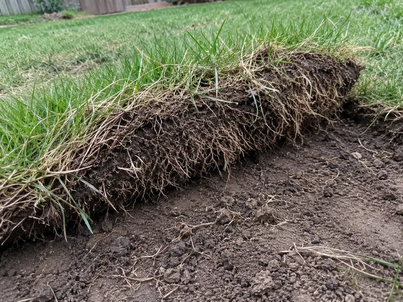 A strip of old lawn cut loose and partly rolled back on bare soil, showing the grass, a layer of soil and a thick mat of roots