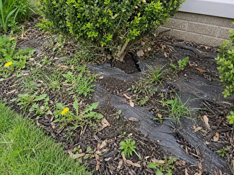 Torn black landscape fabric showing through thin, decayed mulch around a boxwood, with grass and weeds rooted on top of the fabric
