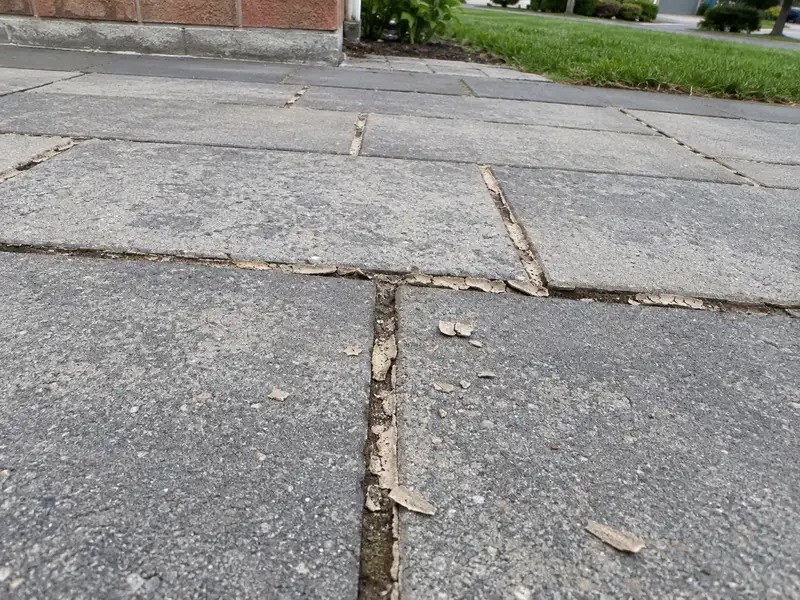 Thin crust of beige polymeric sand cracked and curling out of the joints between grey concrete pavers, with loose flakes on the paver faces
