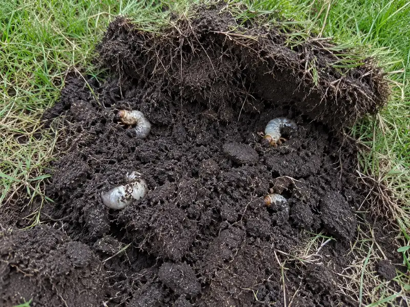 A rough flap of lawn peeled back to show dark soil and roots, with four white C-shaped grubs at different depths