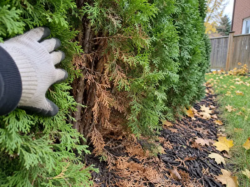 Gloved hand parting a green cedar hedge to show yellow-brown inner sprays, with shed brown foliage and maple leaves on the mulch below