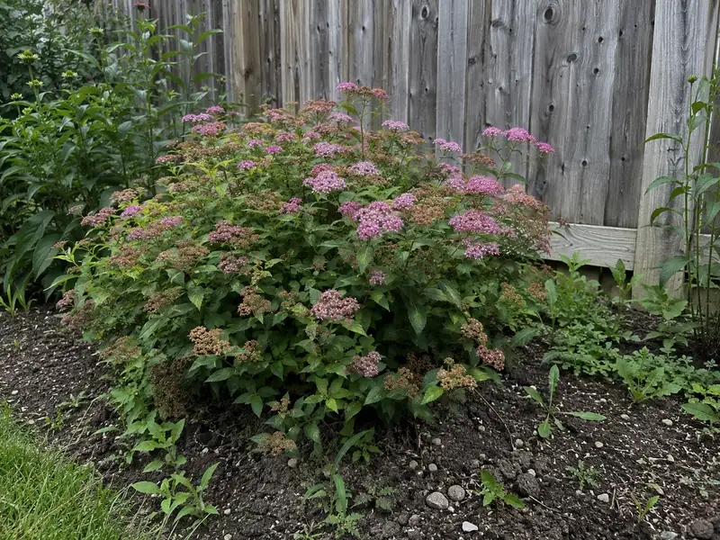 A low, rounded Japanese spirea with flat pink flower clusters, some turning brown, in a plain bed by a wooden fence