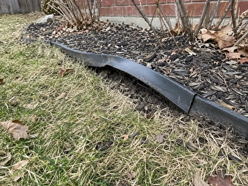 Black plastic lawn edging pushed up out of the soil and kinked at a join, between matted spring grass and a bark-mulched bed