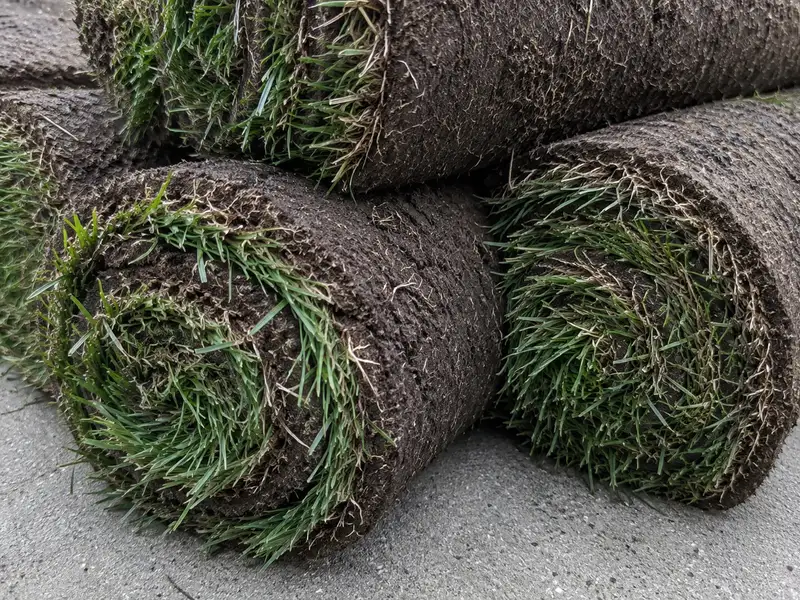 Close-up of the ends of rolled pieces of fresh sod, showing the grass, a thin layer of soil and the roots