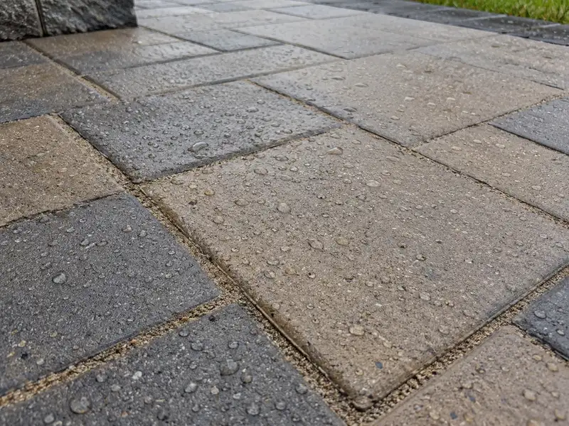 Small round water droplets beading on the surface of sealed grey and tan concrete pavers