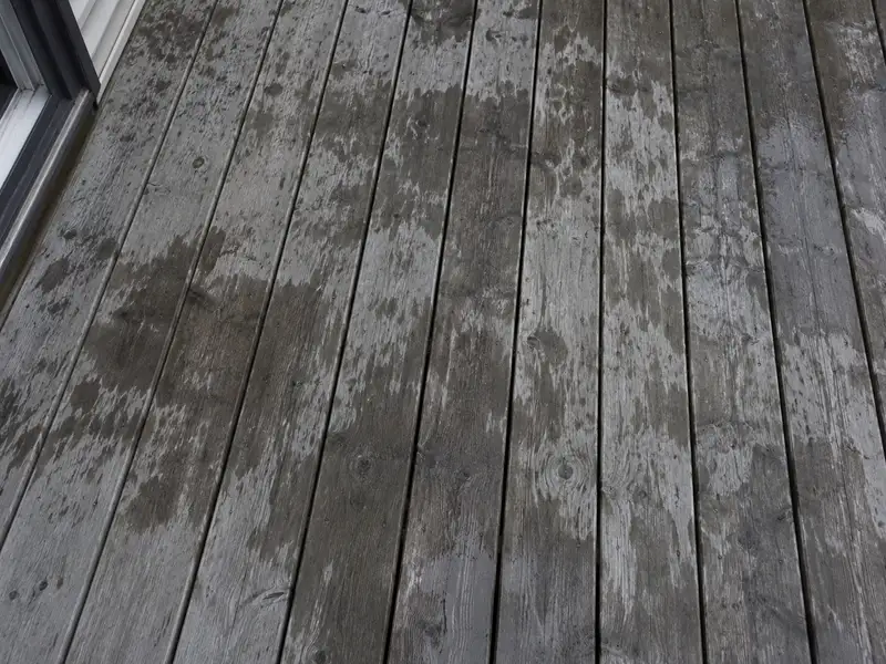 Water sprinkled on grey, weathered deck boards, soaking in and darkening the wood in uneven patches